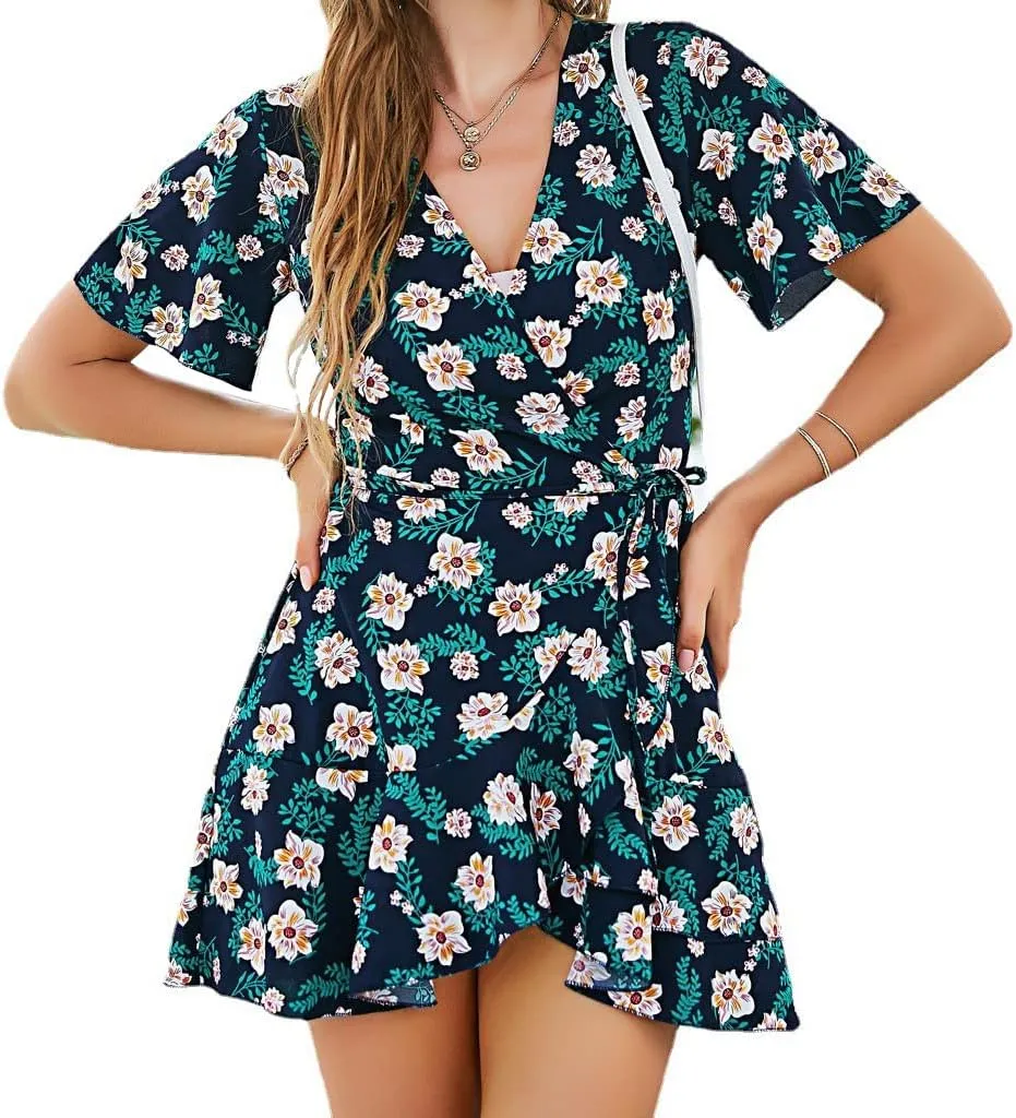 Womens Floral V Neck Wrap Ruffles Loose Mini Short Dress Short Sleeves A Line Swing Dress