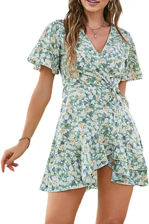 Womens Floral V Neck Wrap Ruffles Loose Mini Short Dress Short Sleeves A Line Swing Dress
