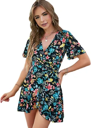Womens Floral V Neck Wrap Ruffles Loose Mini Short Dress Short Sleeves A Line Swing Dress
