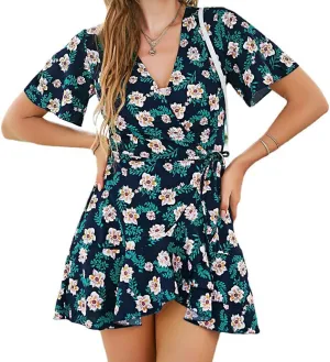 Womens Floral V Neck Wrap Ruffles Loose Mini Short Dress Short Sleeves A Line Swing Dress