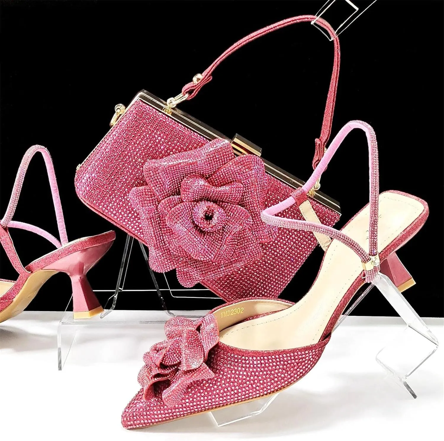 Women's Fuchsia INS Style Party Set - Italian Thin Heel Pumps & Geometric Clutch for Modern Weddings