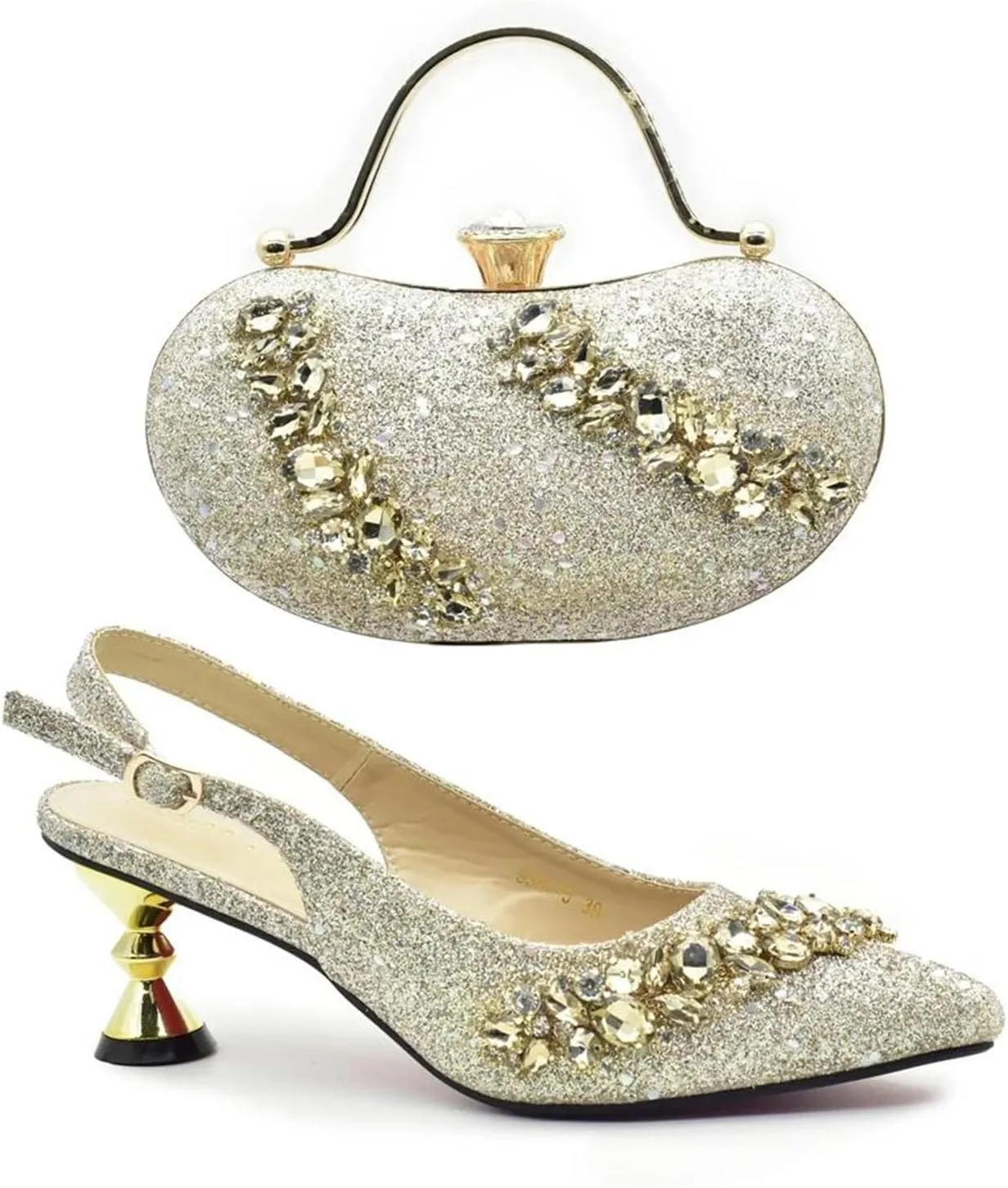 Women's Gold Italian Party Set - Crystal Slingback Pumps & Matching Evening Bag