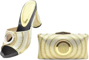 Women's Gold Rhinestone Party Set - Italian Pumps & Matching Clutch for African Weddings and Events