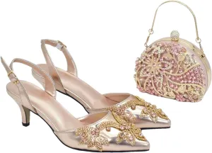 Women's Italian Evening Party Set - Rhinestone Mid-Heel Shoes & Crystal Clutch Bag (Pointed Toe)