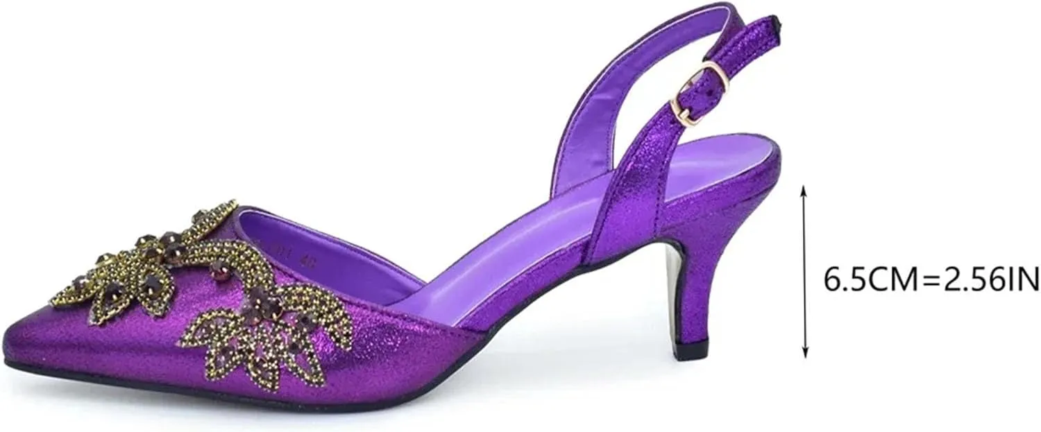 Women's Italian Evening Party Set - Rhinestone Mid-Heel Shoes & Crystal Clutch Bag (Pointed Toe)
