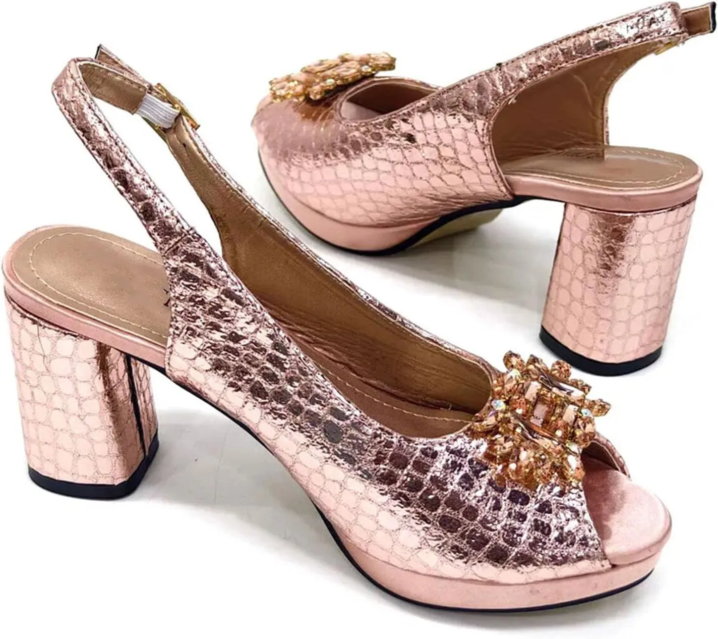 Women's Italian Square-Toe Party Set - Wide-Fit Rhinestone Block Heels & Structured Clutch for Plus Size Comfort