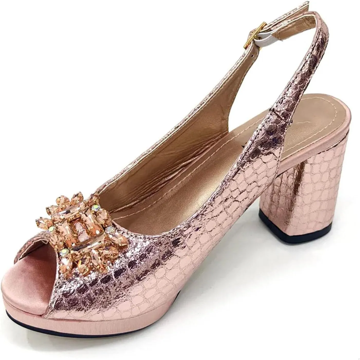 Women's Italian Square-Toe Party Set - Wide-Fit Rhinestone Block Heels & Structured Clutch for Plus Size Comfort