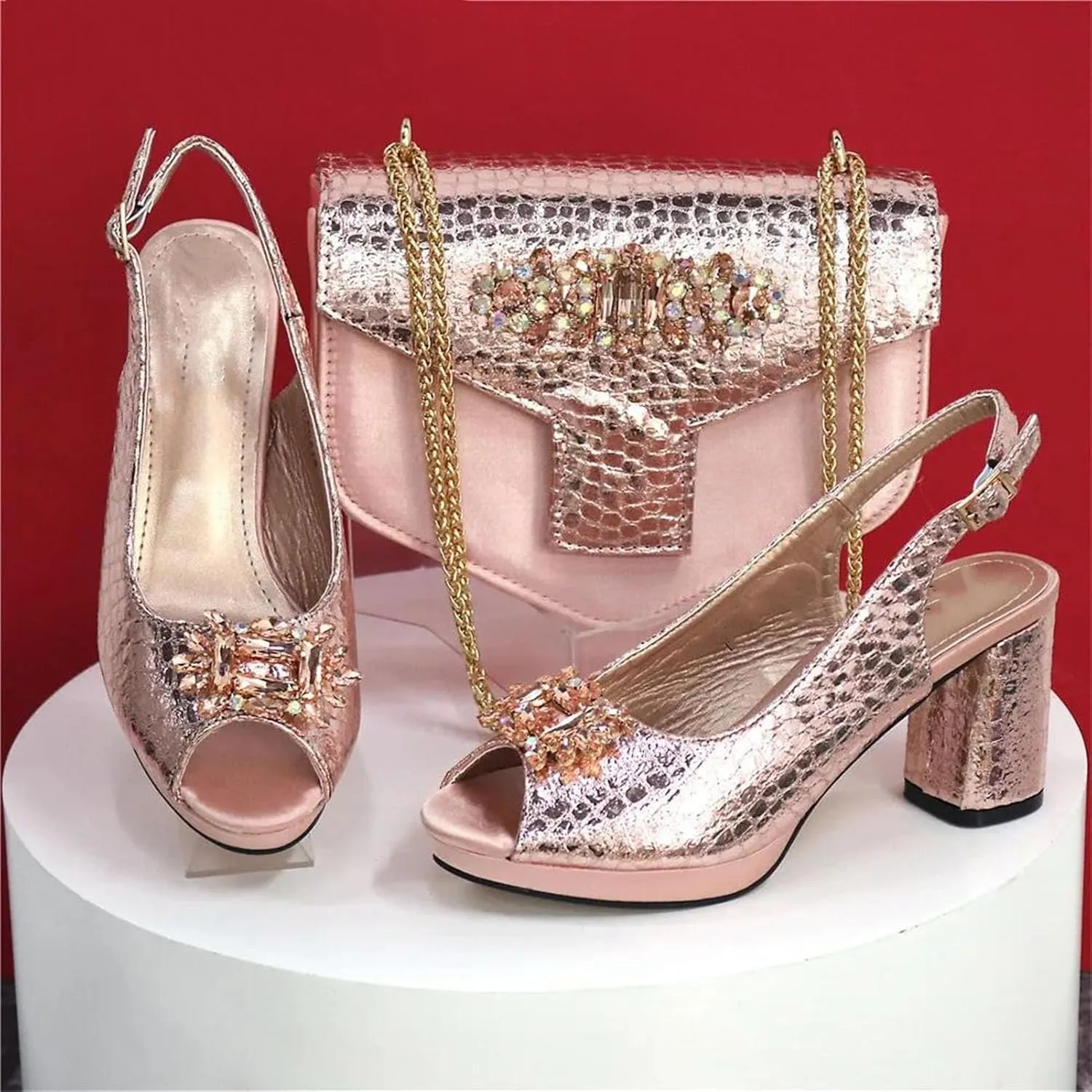 Women's Italian Square-Toe Party Set - Wide-Fit Rhinestone Block Heels & Structured Clutch for Plus Size Comfort
