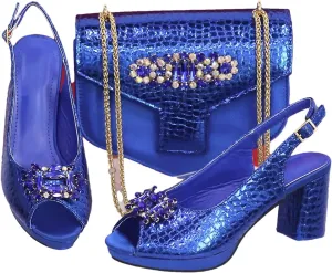 Women's Italian Square-Toe Party Set - Wide-Fit Rhinestone Block Heels & Structured Clutch for Plus Size Comfort