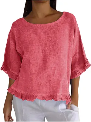 Womens Linen Tops Crewneck Half Sleeve Shirts Casual Loose Fitted Solid Cotton Linen Vacation Summer Outfits