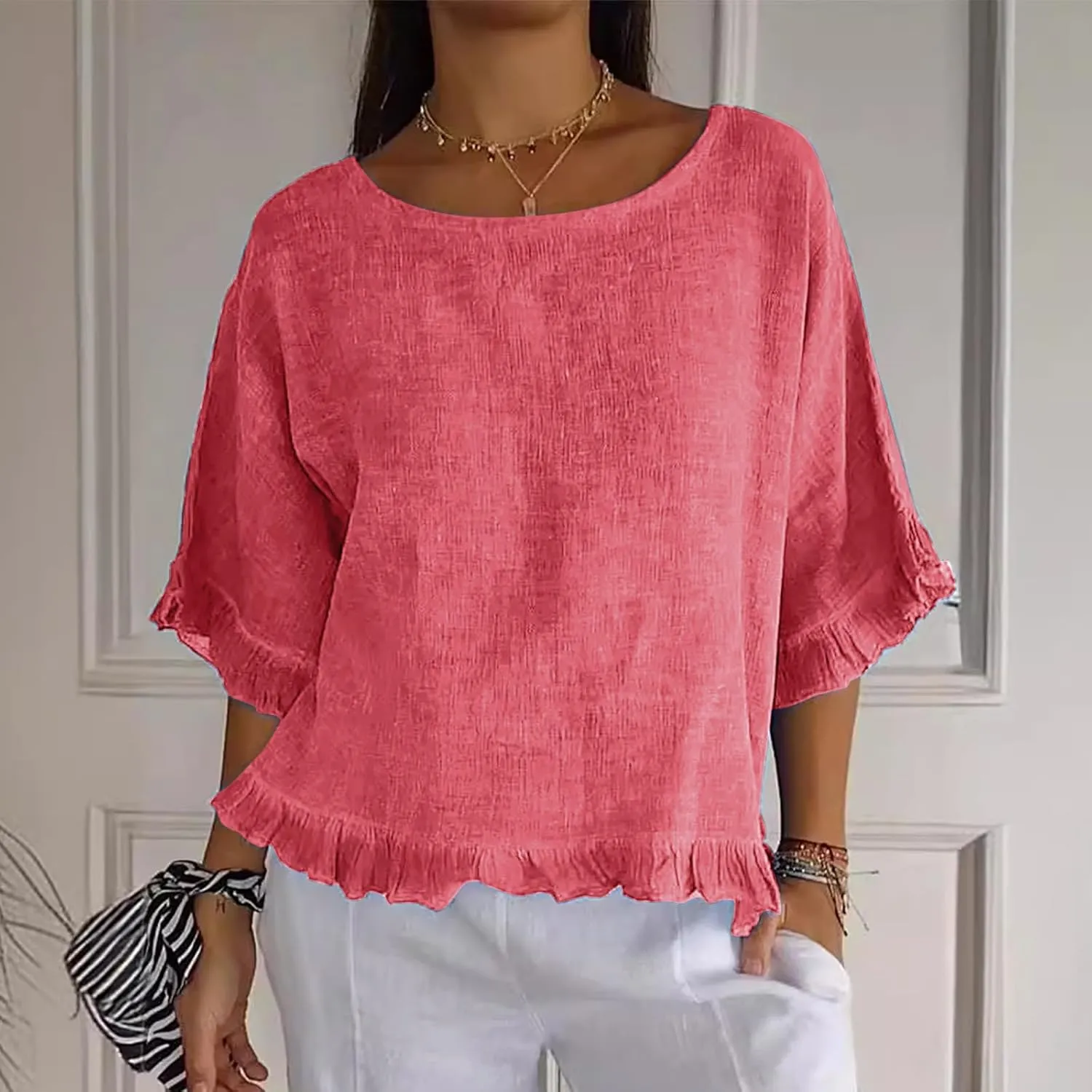 Womens Linen Tops Crewneck Half Sleeve Shirts Casual Loose Fitted Solid Cotton Linen Vacation Summer Outfits