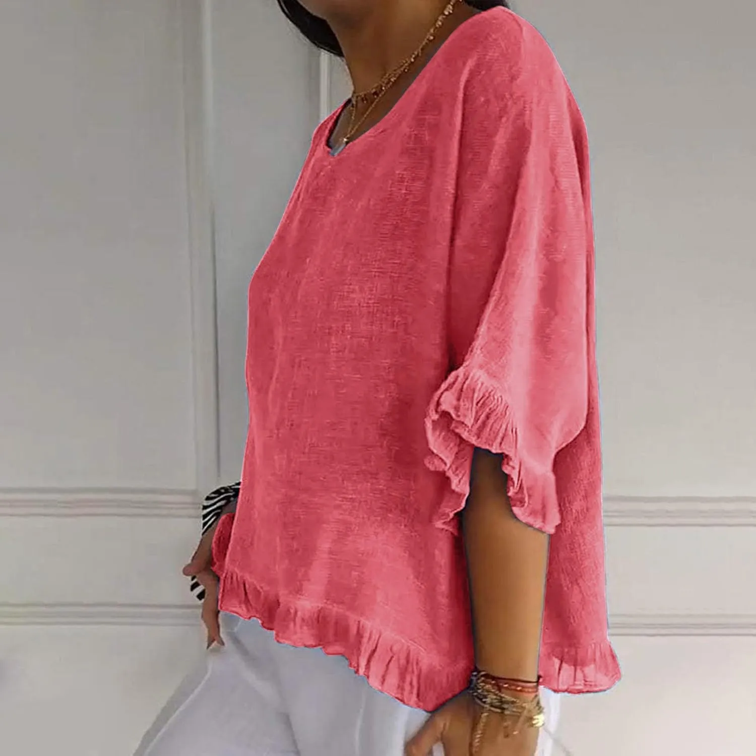 Womens Linen Tops Crewneck Half Sleeve Shirts Casual Loose Fitted Solid Cotton Linen Vacation Summer Outfits