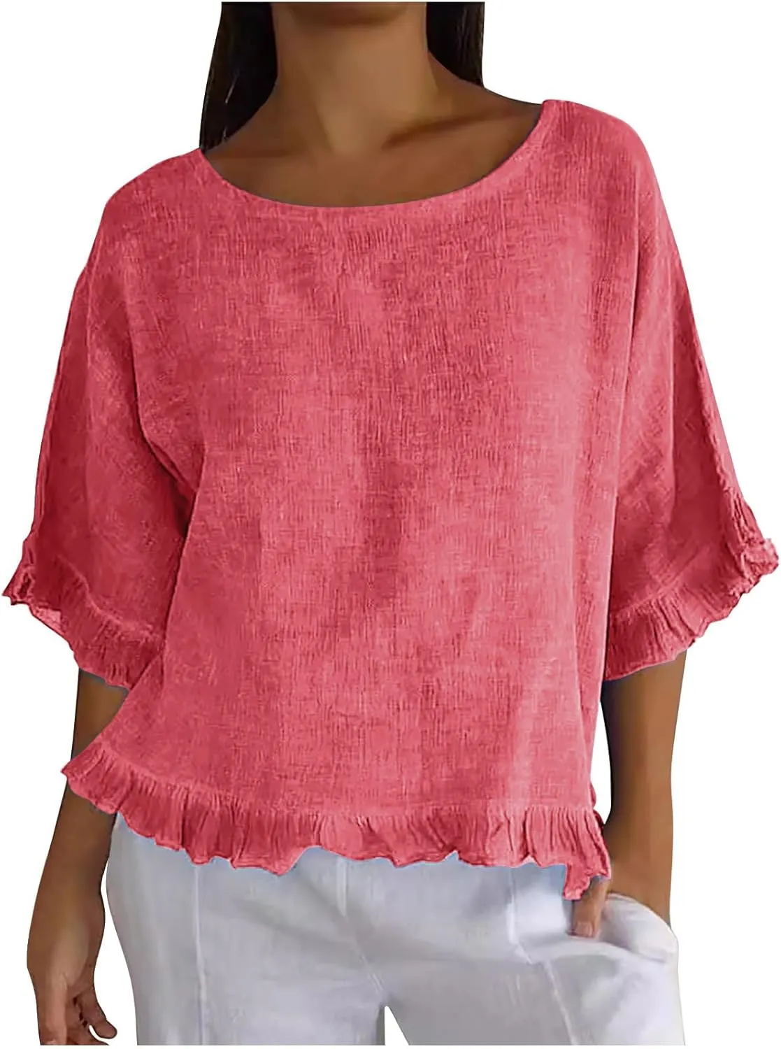 Womens Linen Tops Crewneck Half Sleeve Shirts Casual Loose Fitted Solid Cotton Linen Vacation Summer Outfits