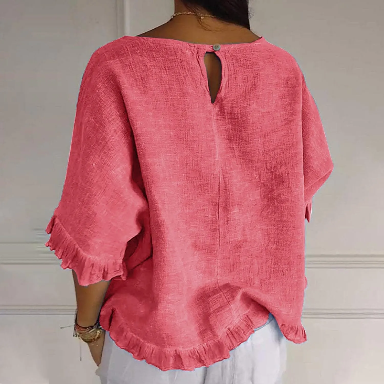Womens Linen Tops Crewneck Half Sleeve Shirts Casual Loose Fitted Solid Cotton Linen Vacation Summer Outfits