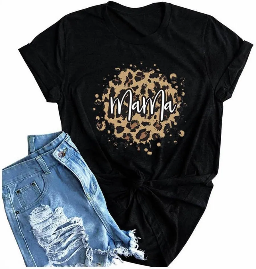 Womens Madre Leopard Print T-Shirts Short Sleeve Mama Shirts Cheetah Mom Graphic Tees Tops
