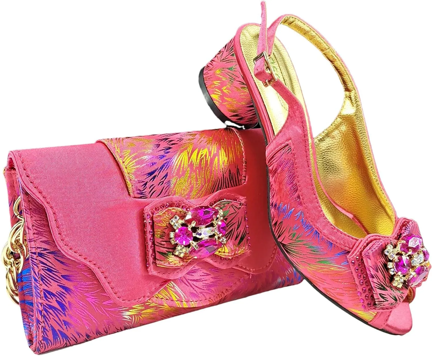 Women's Nigerian Color-Matched Set - Comfort Block Heels & Braided Raffia Clutch for Traditional Ceremonies