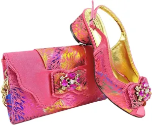 Women's Nigerian Color-Matched Set - Comfort Block Heels & Braided Raffia Clutch for Traditional Ceremonies
