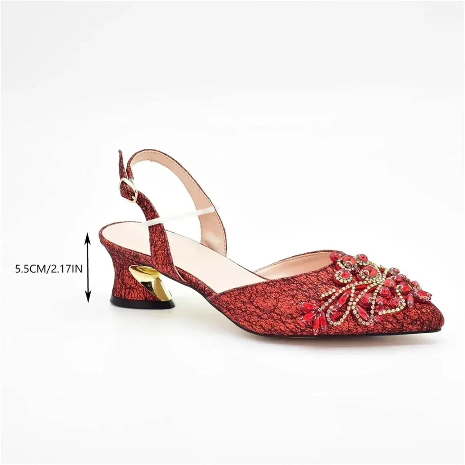 Women's Nigerian Red Bridal Set - Elegant Rhinestone-Embellished Pumps & Clutch