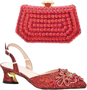 Women's Nigerian Red Bridal Set - Elegant Rhinestone-Embellished Pumps & Clutch