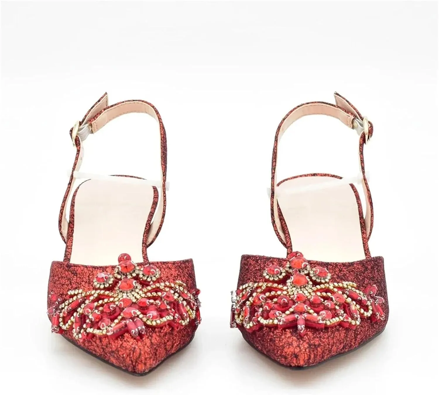 Women's Nigerian Red Bridal Set - Elegant Rhinestone-Embellished Pumps & Clutch
