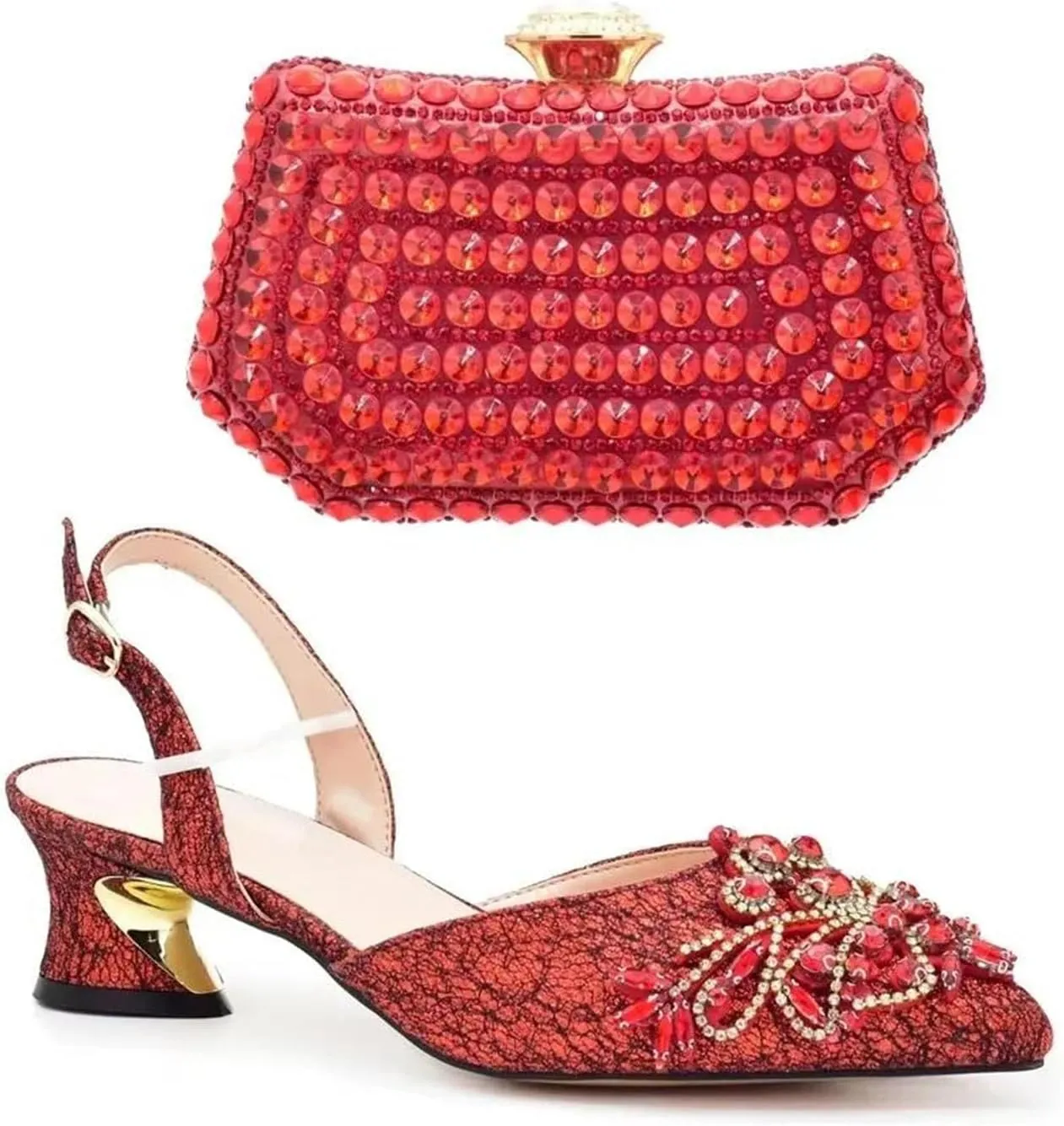 Women's Nigerian Red Bridal Set - Elegant Rhinestone-Embellished Pumps & Clutch
