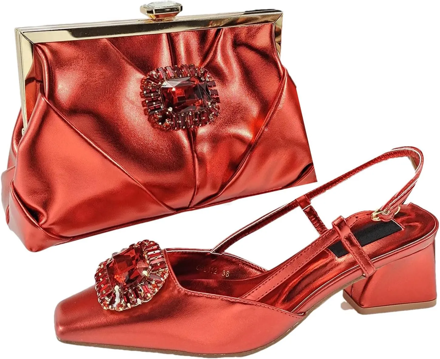 Women's Orange Banquet Set - Glossy Leather Heels & Matching Clutch for Luxurious Party Outfits