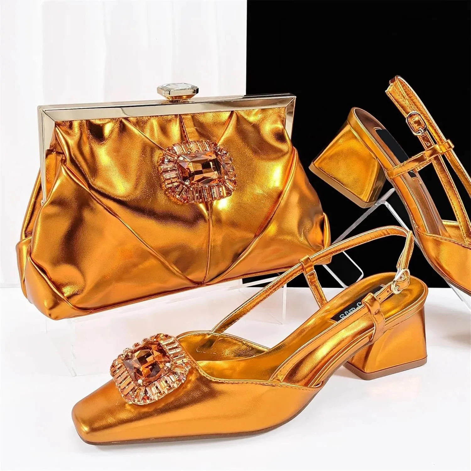 Women's Orange Banquet Set - Glossy Leather Heels & Matching Clutch for Luxurious Party Outfits