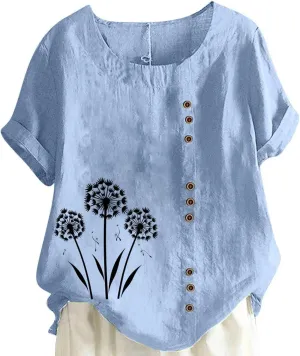 Women's Oversized Cotton Linen Shirts Summer Casual Boho Floral Print Short Sleeve Blouse Loose Crewneck Tunic Tops