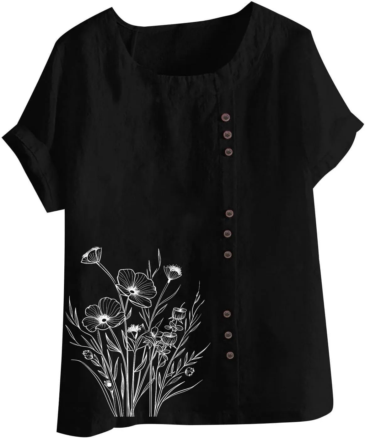 Women's Oversized Cotton Linen Shirts Summer Casual Boho Floral Print Short Sleeve Blouse Loose Crewneck Tunic Tops