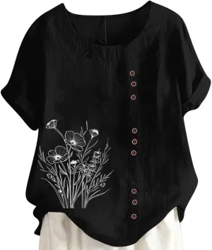 Women's Oversized Cotton Linen Shirts Summer Casual Boho Floral Print Short Sleeve Blouse Loose Crewneck Tunic Tops