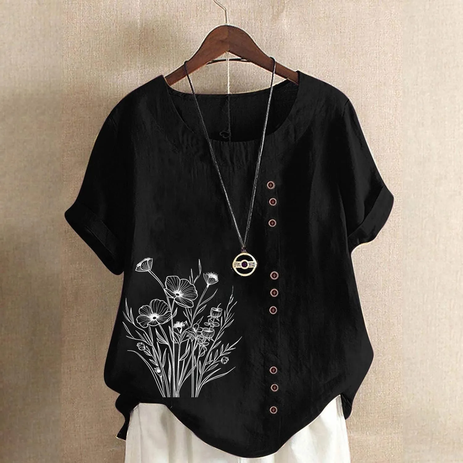 Women's Oversized Cotton Linen Shirts Summer Casual Boho Floral Print Short Sleeve Blouse Loose Crewneck Tunic Tops