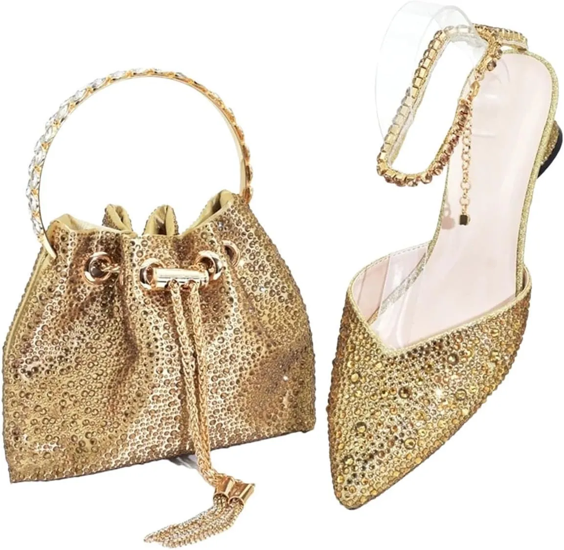 Women's Pointed Toe Comfort Bridal Set - Elegant Rhinestone-Embellished Pumps & Clutch