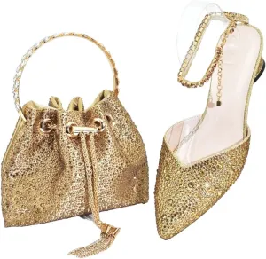Women's Pointed Toe Comfort Bridal Set - Elegant Rhinestone-Embellished Pumps & Clutch