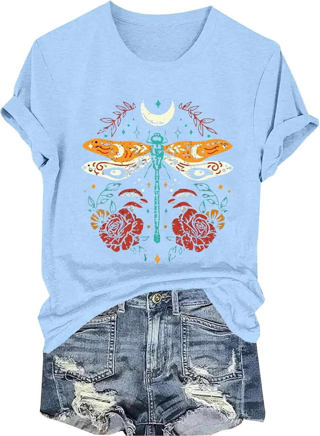 Womens Shirts Summer Cotton Short Sleeve Crew Neck Basic Tee Cute Vintage Print Casual Loose Fit Trendy Pullover Tops