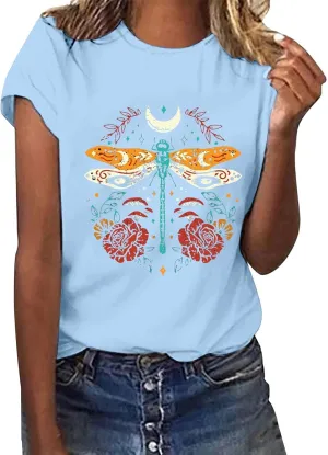 Womens Shirts Summer Cotton Short Sleeve Crew Neck Basic Tee Cute Vintage Print Casual Loose Fit Trendy Pullover Tops