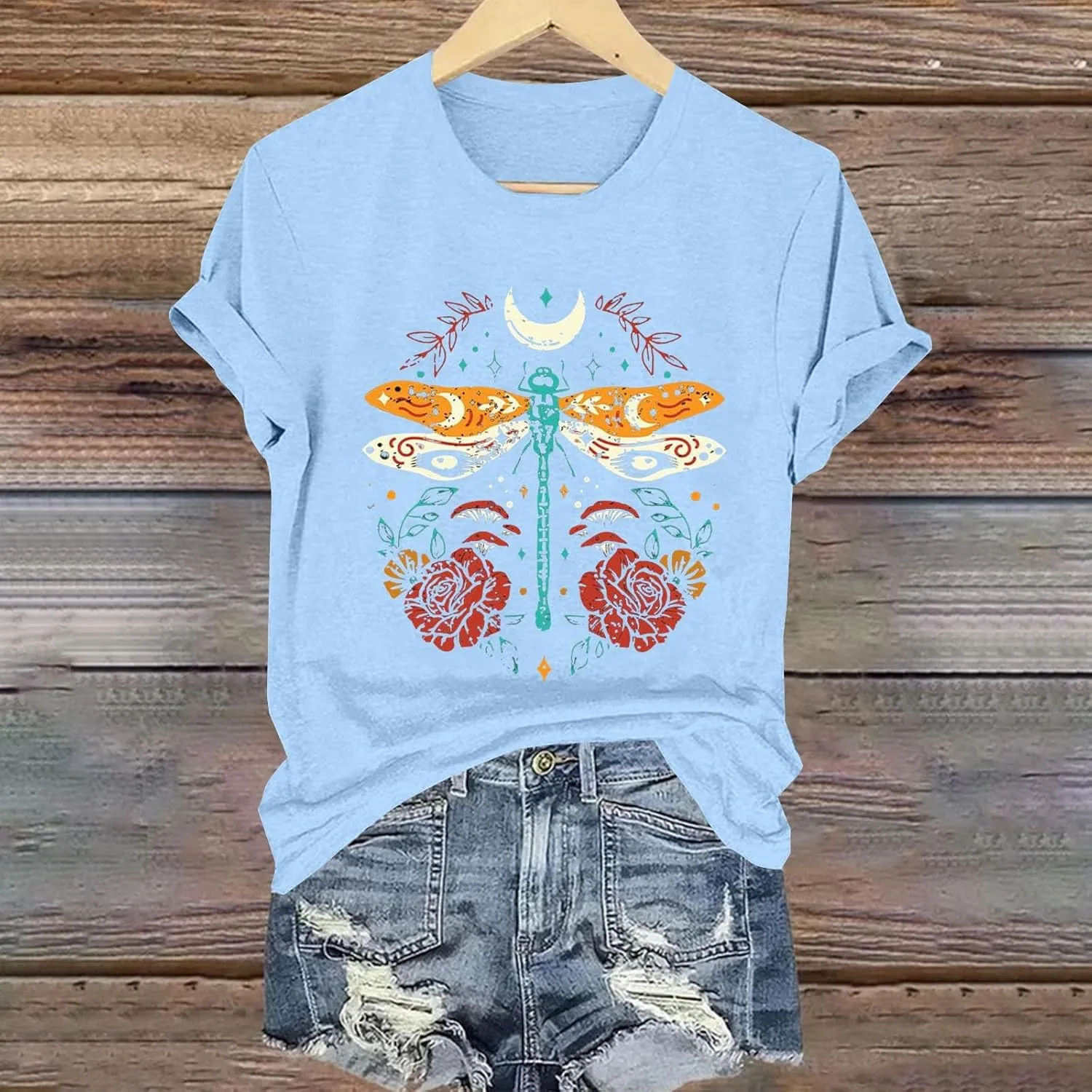 Womens Shirts Summer Cotton Short Sleeve Crew Neck Basic Tee Cute Vintage Print Casual Loose Fit Trendy Pullover Tops