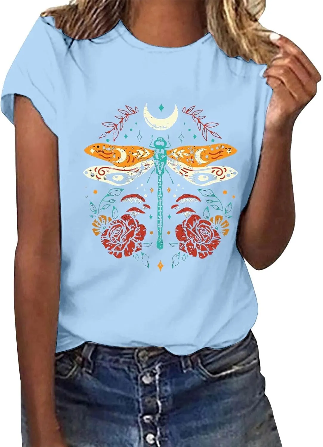 Womens Shirts Summer Cotton Short Sleeve Crew Neck Basic Tee Cute Vintage Print Casual Loose Fit Trendy Pullover Tops