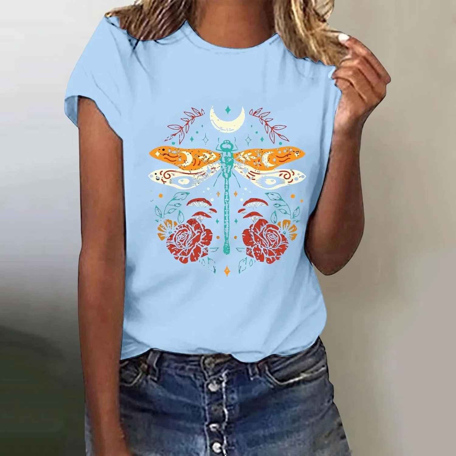 Womens Shirts Summer Cotton Short Sleeve Crew Neck Basic Tee Cute Vintage Print Casual Loose Fit Trendy Pullover Tops