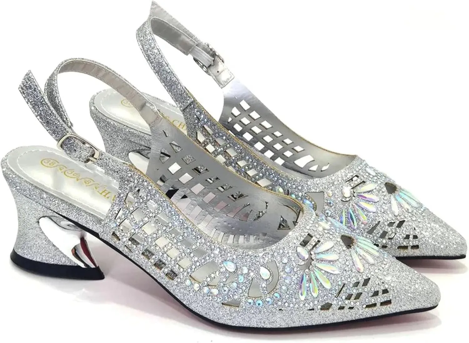 Women's Silver Nigerian-Italian Set - Artisan-Crafted Stilettos & Diamond-Clasp Clutch for Wedding Receptions