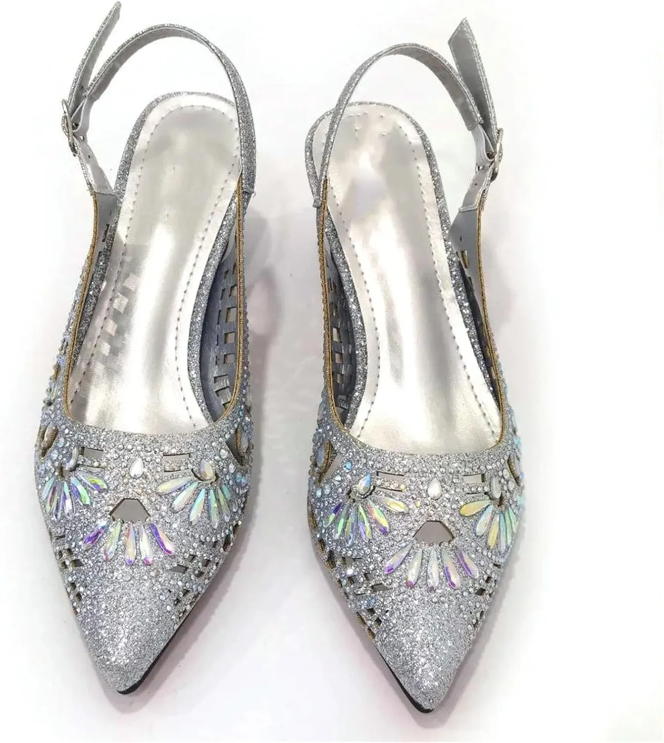 Women's Silver Nigerian-Italian Set - Artisan-Crafted Stilettos & Diamond-Clasp Clutch for Wedding Receptions