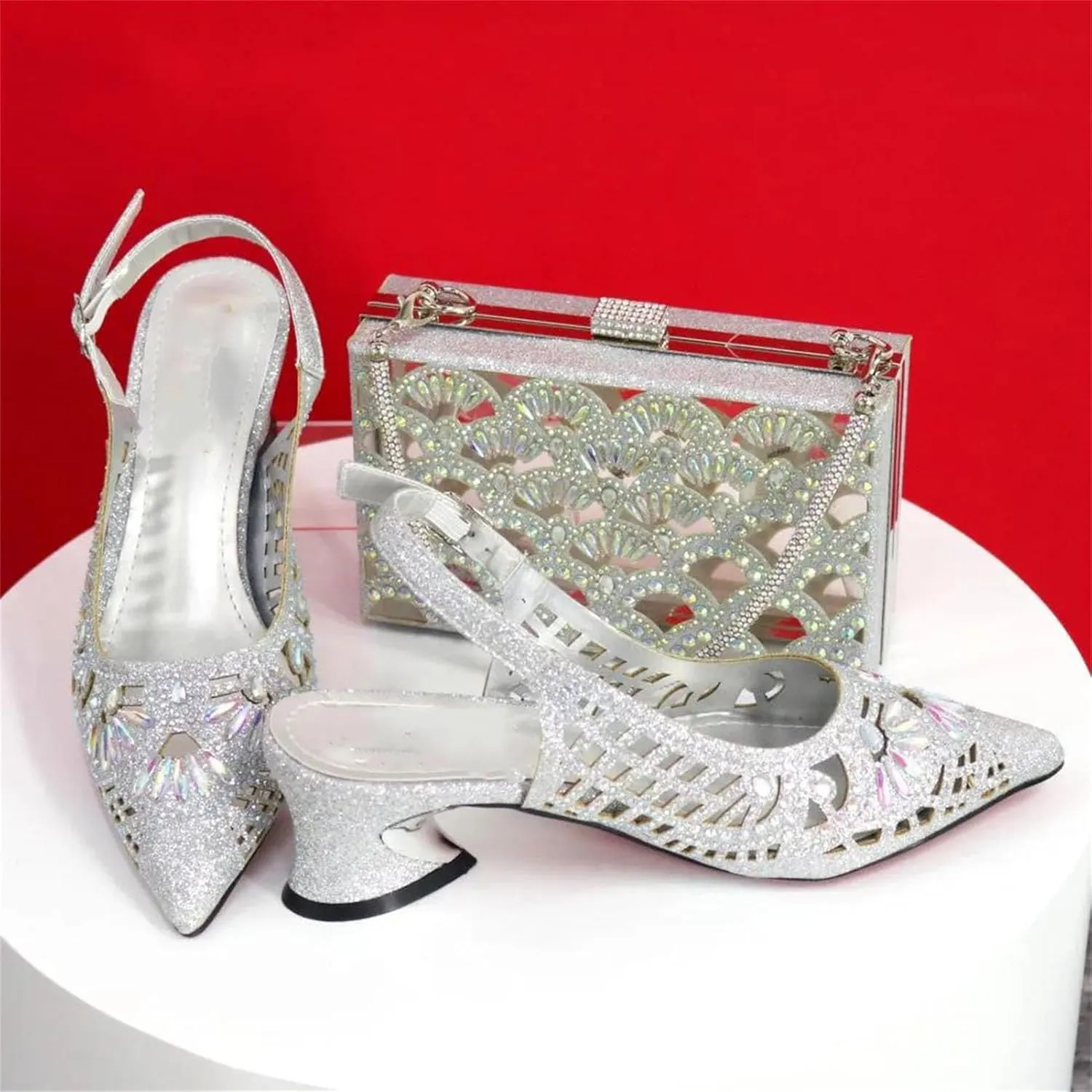 Women's Silver Nigerian-Italian Set - Artisan-Crafted Stilettos & Diamond-Clasp Clutch for Wedding Receptions
