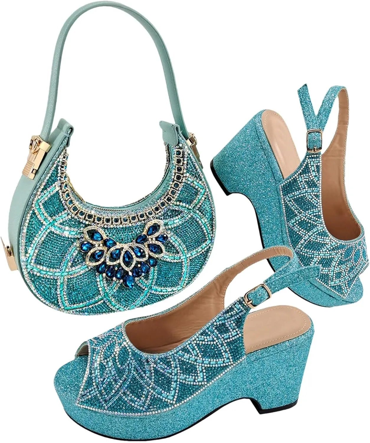 Women's Sky Blue Diamond Bridal Set - Imitation Diamond Pumps & Envelope Clutch for Red Carpet Events
