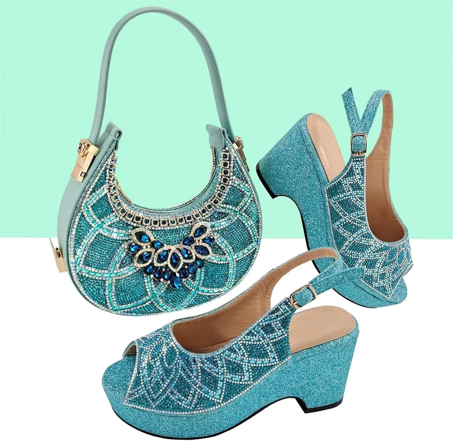 Women's Sky Blue Diamond Bridal Set - Imitation Diamond Pumps & Envelope Clutch for Red Carpet Events