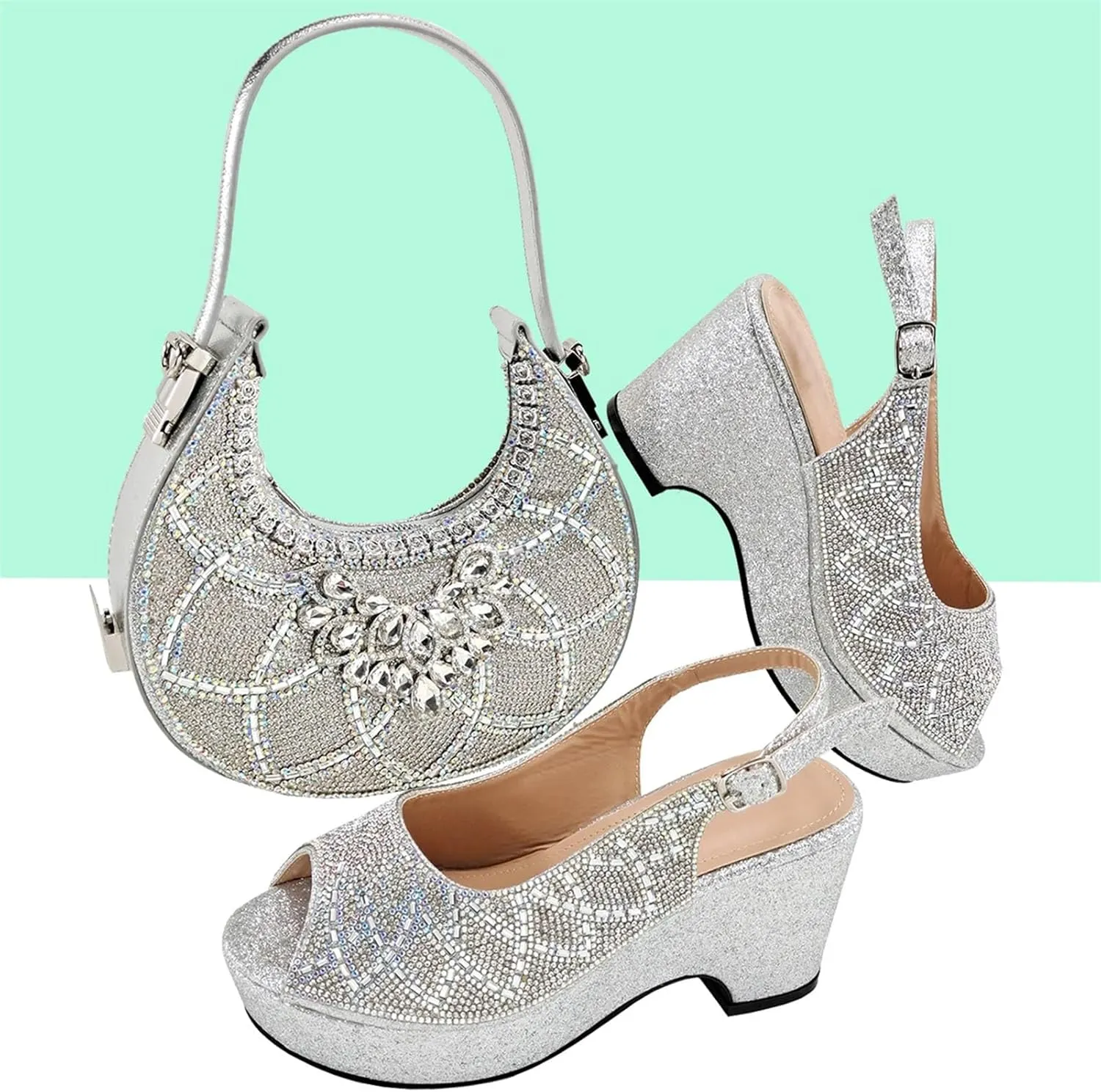 Women's Sky Blue Diamond Bridal Set - Imitation Diamond Pumps & Envelope Clutch for Red Carpet Events