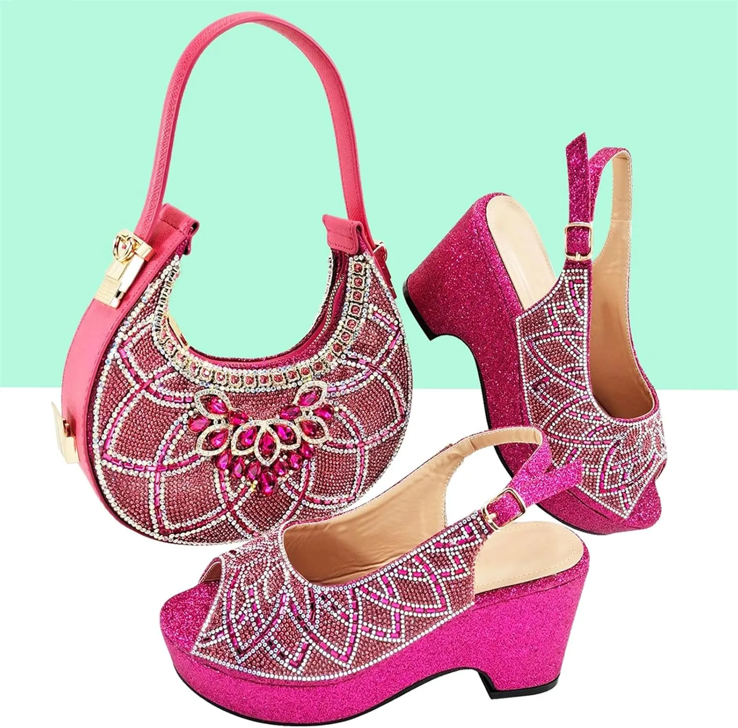 Women's Sky Blue Diamond Bridal Set - Imitation Diamond Pumps & Envelope Clutch for Red Carpet Events