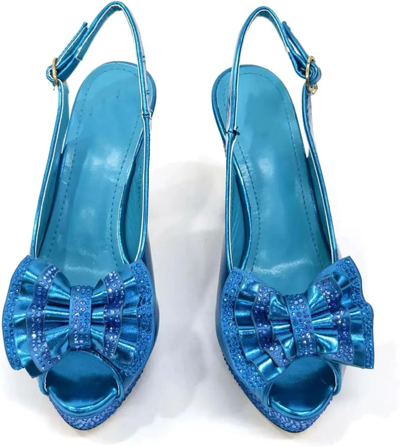 Women's Sky Blue Italian Party Set - Rhinestone-Adorned Block Heels & Matching Clutch for Casual Events