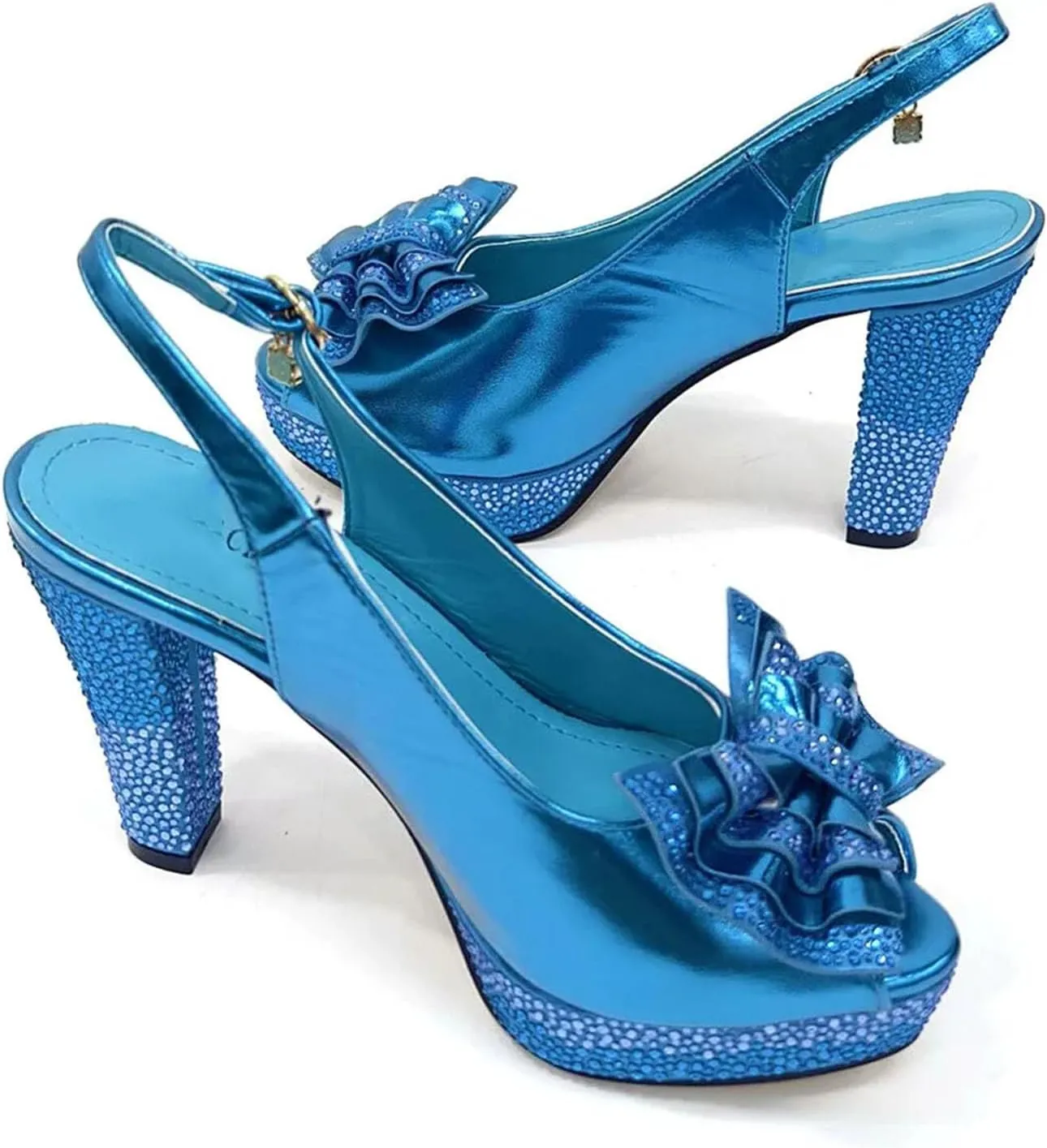 Women's Sky Blue Italian Party Set - Rhinestone-Adorned Block Heels & Matching Clutch for Casual Events