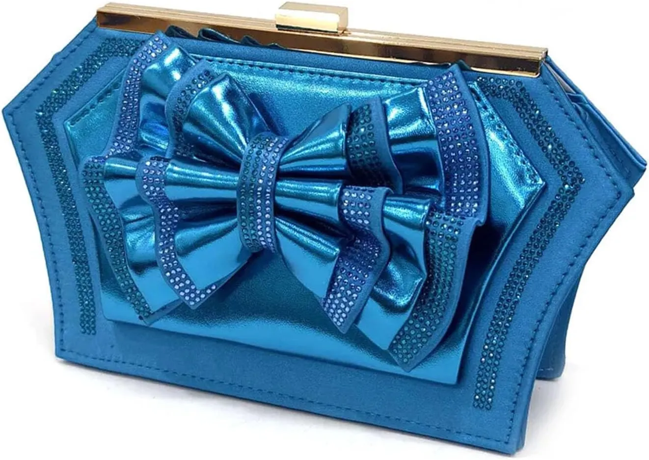 Women's Sky Blue Italian Party Set - Rhinestone-Adorned Block Heels & Matching Clutch for Casual Events