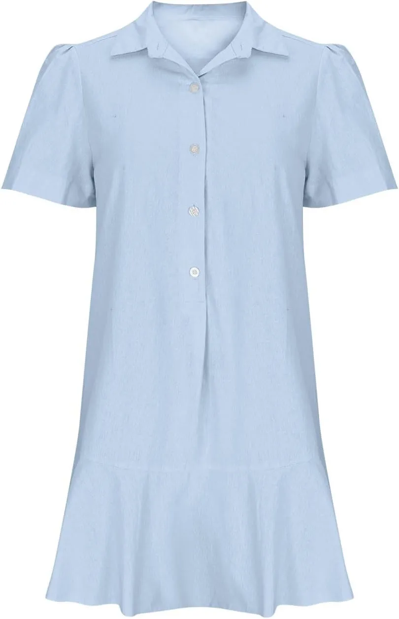 Womens Sleeveless Shirt Dress Ruffle Hem Tank Dress Button V Neck Swing Shift Mini Dresses Lapel Collar Tunic Dress