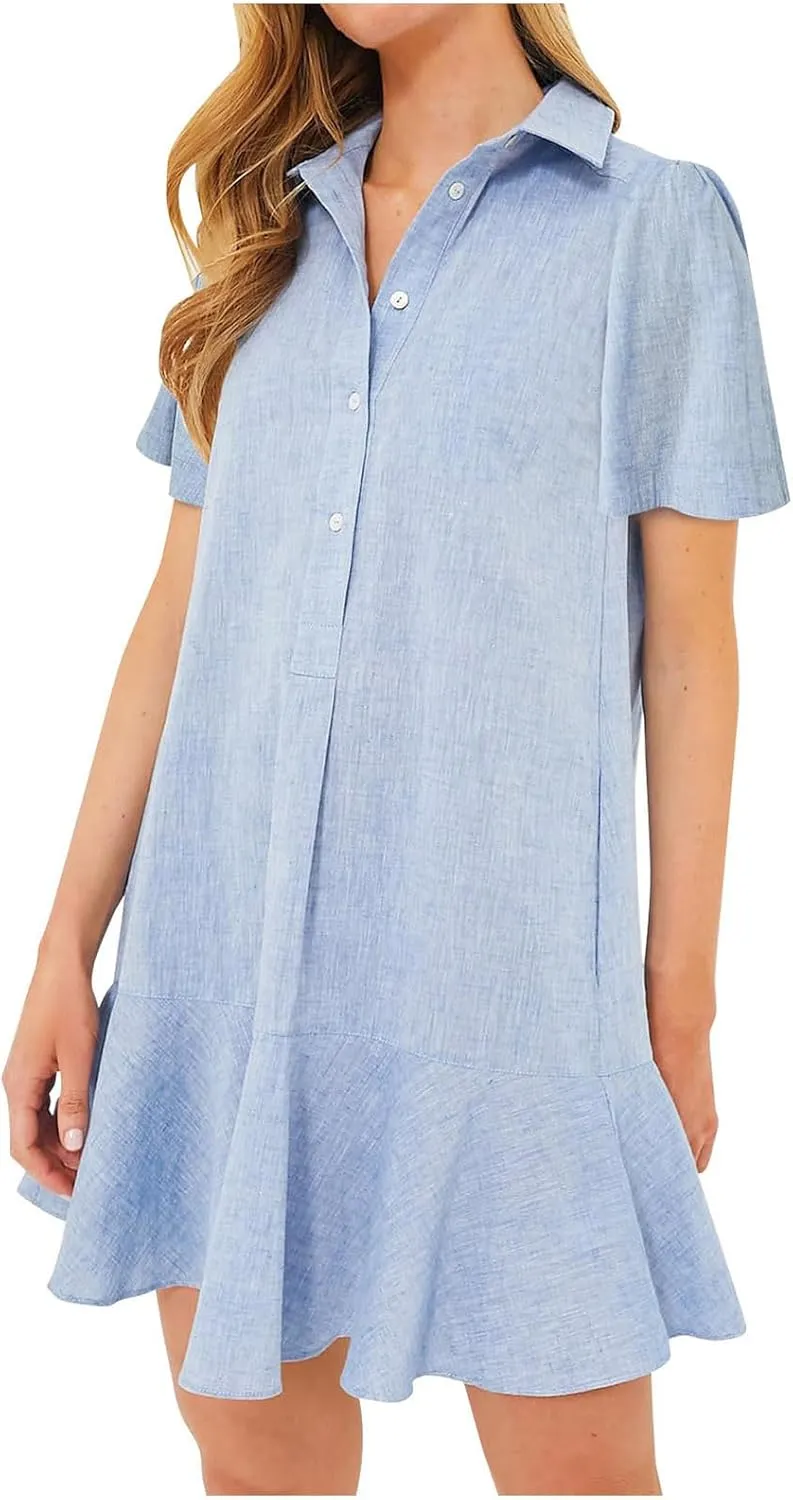 Womens Sleeveless Shirt Dress Ruffle Hem Tank Dress Button V Neck Swing Shift Mini Dresses Lapel Collar Tunic Dress